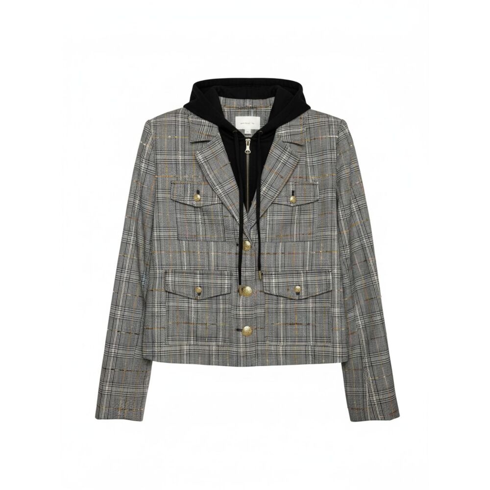 By Anthropologie Grey Plaid Tweed Hooded Blazer Layered Gold Button Jacket M